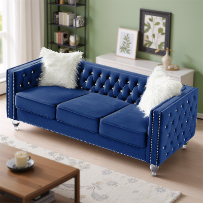 Velvet Chesterfield Sofa, Tufted 3 Seater Upholstered Couch With 2 Pillows And Crystal Legs, Classic Living Room Or Apartment Couches