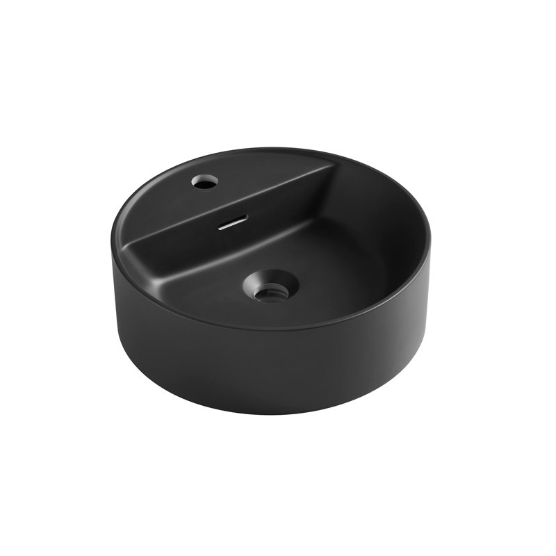 Bathroom Round Solid Surface Basin with Faucet Hole, Black