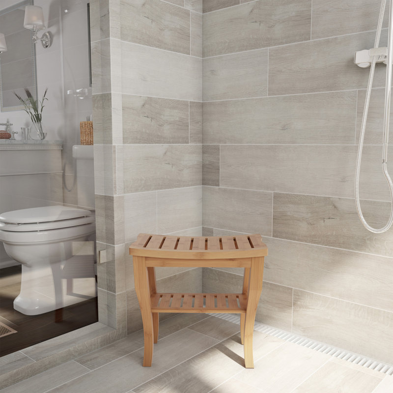 Banc de douche de 19 po de large en bambou naturel écologique résistant à l'eau avec tablette de rangement pour salle de bain, spa ou sauna