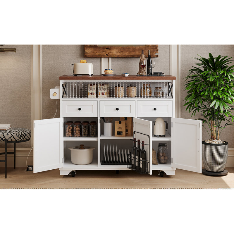 46.5'' Rolling Kitchen Island With Beaded Drape, Power Outlet, 3 Door Cabinets, Drawers, Drop Leaf Table, Adjustable Shelves, White Cart, Doors, Leaf, Internal Shelf,