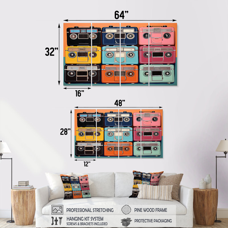 Pop Art Cassette Tapes - Cassette Tapes, art mural 4 pièces, H 28 po x l 48 po