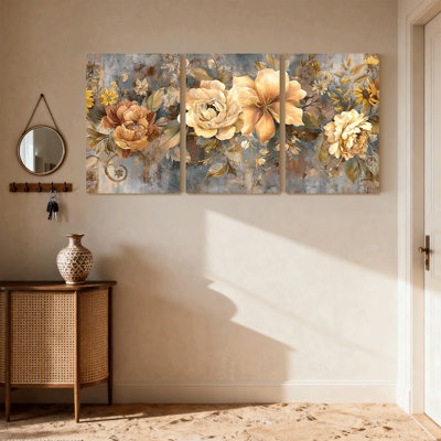 Motif floral tendance avec fond rétro et couleurs douces, ensemble de 3 impressions sur toile