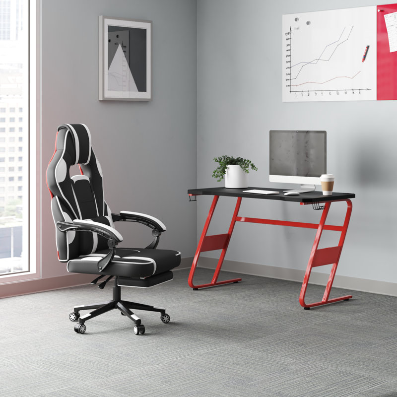Bridesdale Gaming Bundle-Cup/Headphone Desk & Reclining Footrest Chair, Red/White