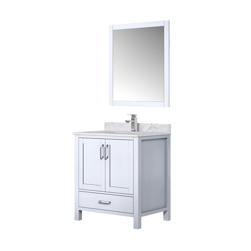 White 30" Vanity with Marble Top, Sink, Mirror, and Faucet