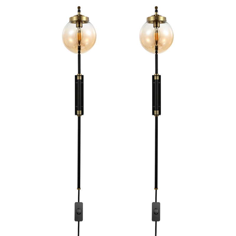 Set Of 2 Bulbs Required Light Black Plug In Swing Arm Wall Lamps With Globe Shade And 72 In Cord For Living Room