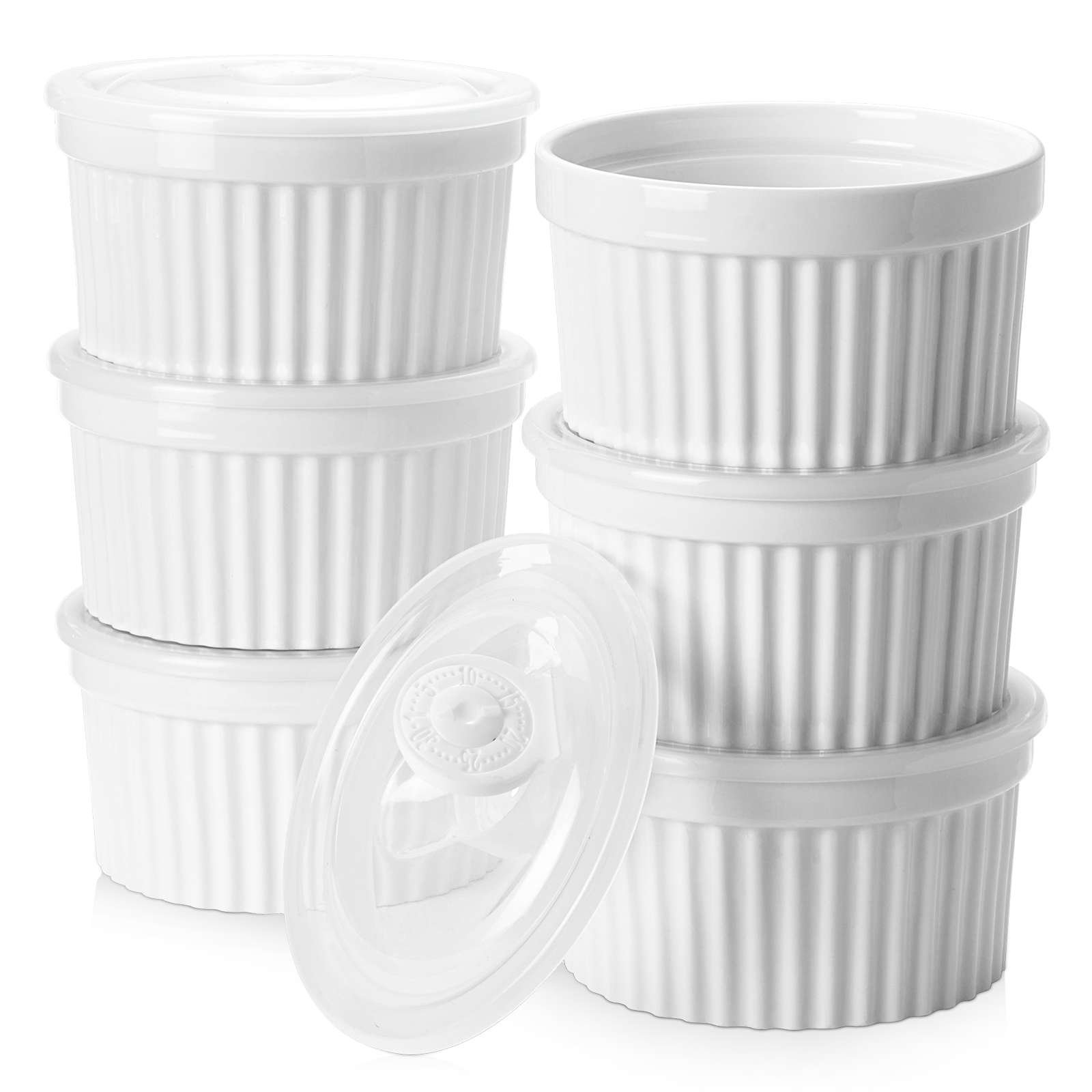 DOWAN 6-Piece White Ribbed Porcelain Ramekin Set with Lids - 6oz | Wayfair