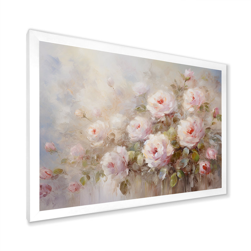 «Pink Roses Farmhouse Charm - Roses, art sur toile, H 16 po x l 32 po, Cadre simple noir, White