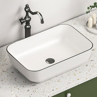 ELLAI Bathroom Vessel Sink 19.7"x15.7" Ceramic Porcelain Above Counter Basin White with Black Rim
