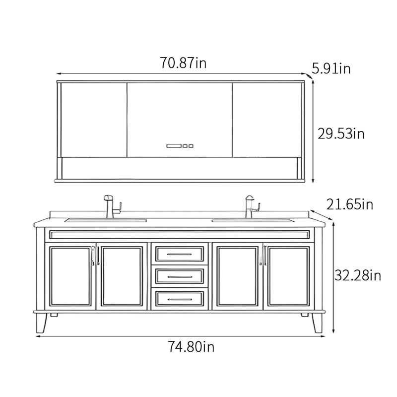 Armoire de salle de bain simple et moderne de style français, Gris clair, 32.28'' H x 74.8'' W x 21.65'' D