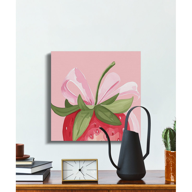 Strawberry Wall Art, Strawberry Print, Cute Fruit Decor, Strawberry with Bow, Kitchen Wall Art, Canvas Wall Art, Ready to Hang