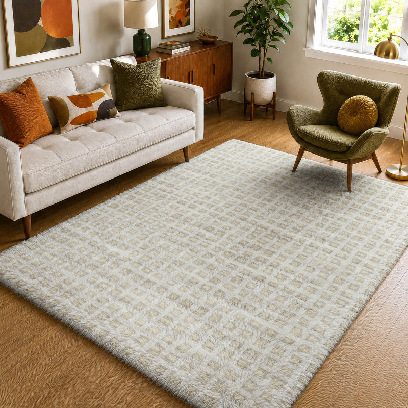 Tapis géométrique Dream Shag ADS727 lavable à la machine de qualité supérieure, Ivoire ivoire, 8' x 10'