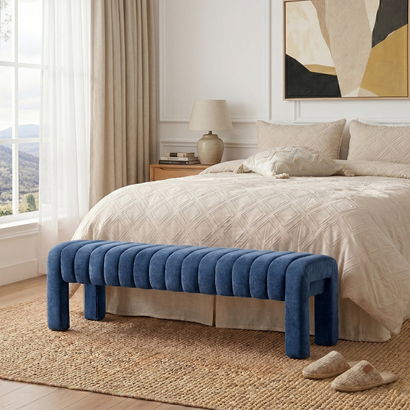 Banc rembourré sans dossier Oyan, H 17 po x l 63 po x P 17,3 po, Chenille bleu