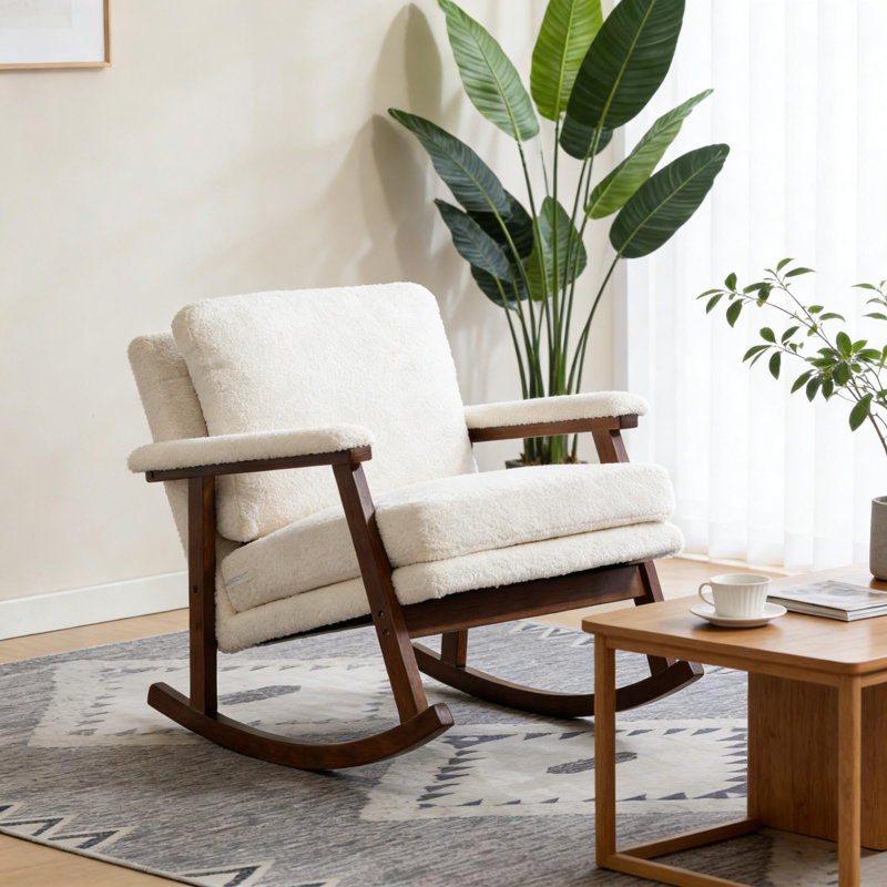 Chaise berçante rembourrée de style Mid-Century avec structure en bois massif et fauteuil de lecture confortable