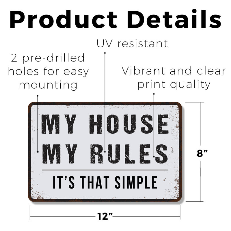 Enseigne en plastique de style rétro My House My Rules (paquet de 2) 8 po x 12 po