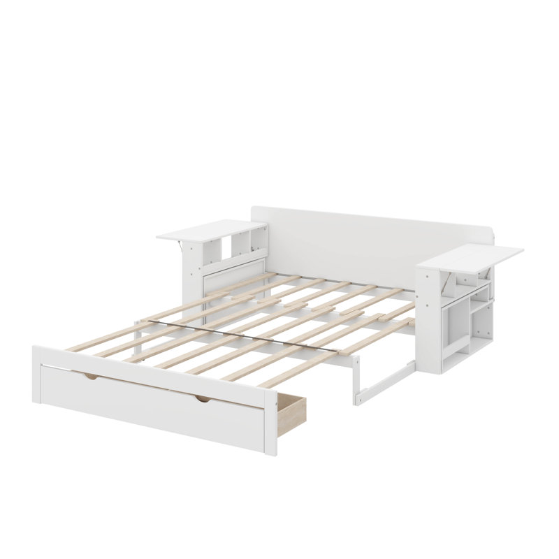 Wooden Full-Size Daybed With Built-In Storage Drawers, Removable Desk, And Hydraulic Side Table, Full, White