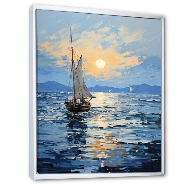 Bateau, voile, reflets, impression sur toile, H 32 po x l 24 po, Cadre flottant blanc