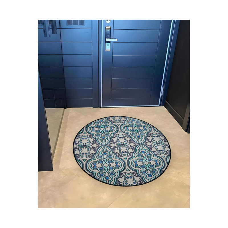 Woven Base Modern Decorative Carpet With Ethnic Pattern Details In Blue Tones, Round 3'4"