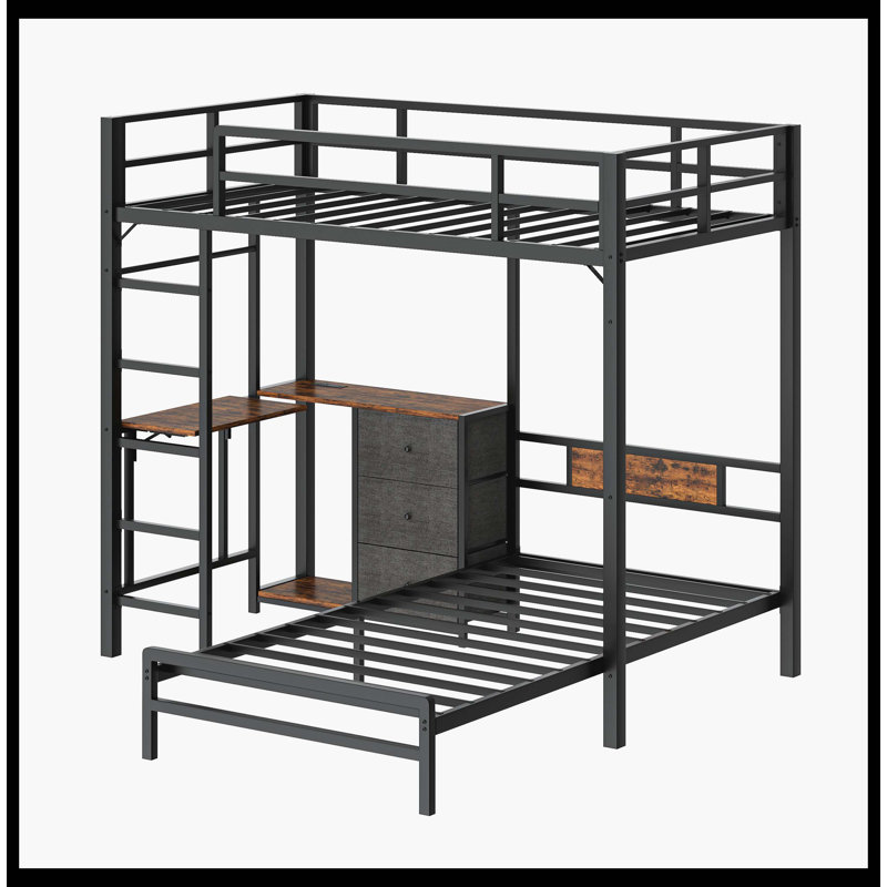 Lit superposé en métal avec table pliante, 3 tiroirs de rangement, lumières DEL et station de charge, garde-corps et échelle, peu encombrant, noir