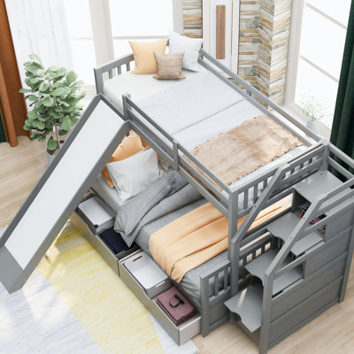 Gray Twin Over Full Bunk Bed With Storage. High Guardrail For . Space Saving And Functional , Drawers Buffer Slide Bed, - With A Safe Stable Handrails Added Security