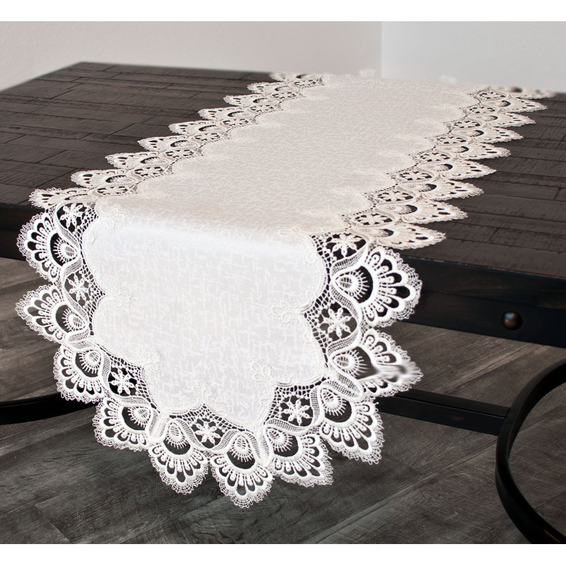 Colfontaine White European Lace and Antique Jacquard Fabric Table Runner, 70" x 14"