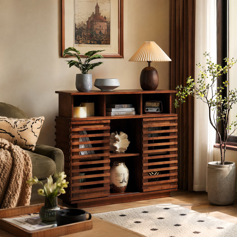 Buffet avec portes coulissantes, buffet avec tablette réglable et trous de sortie, Noyer