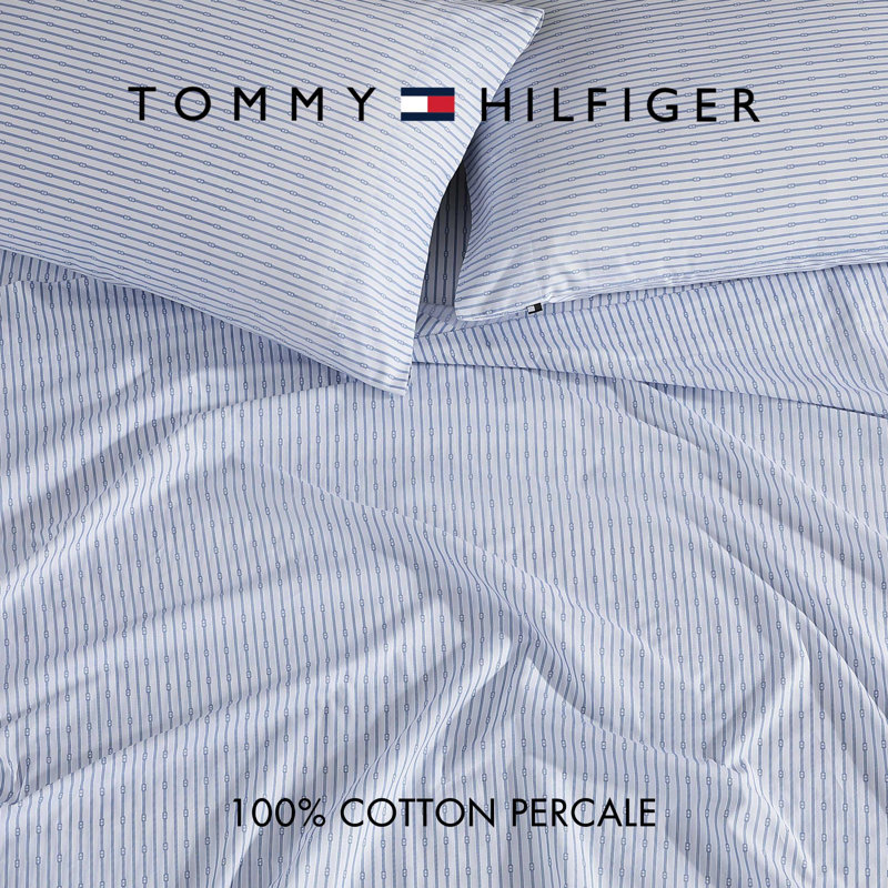Tommy Hilfiger Printed Percale Cotton Sheet Set, Monogram Stripe Blue, Queen Sheet Set with 2 Pillowcases