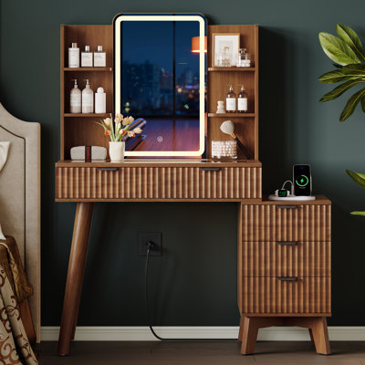 Meuble-lavabo cannelé l 42 po avec miroir DEL de 23 po, 5 tiroirs, plateau en verre et prise de courant intégrée, coiffeuse moderne pour la chambre à coucher