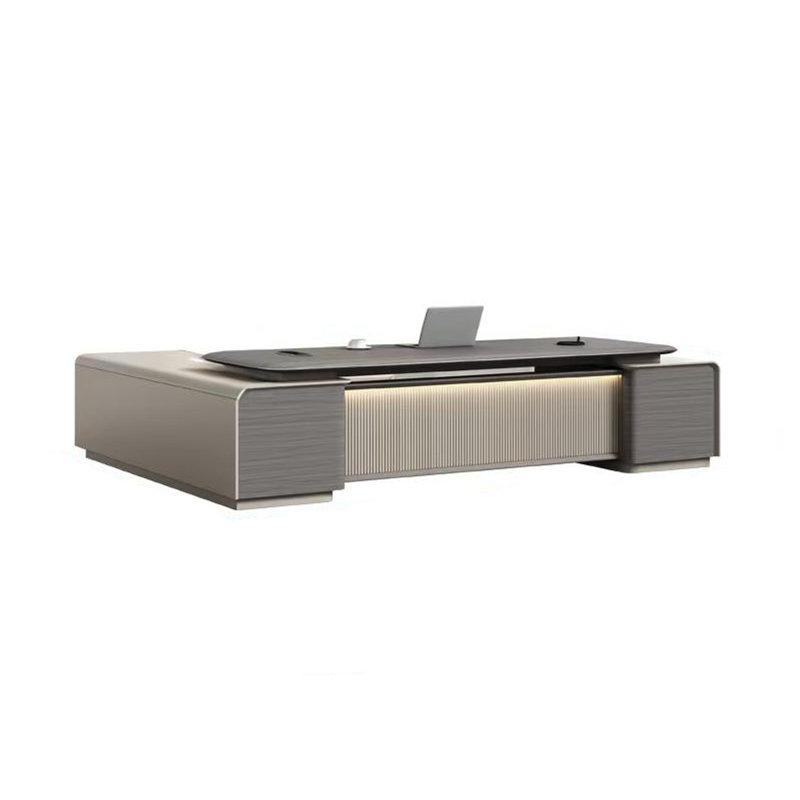 94.49"Modern administrative L-shaped Grey particle board office desk, 29.53" H x 94.49" W x 78.74" D
