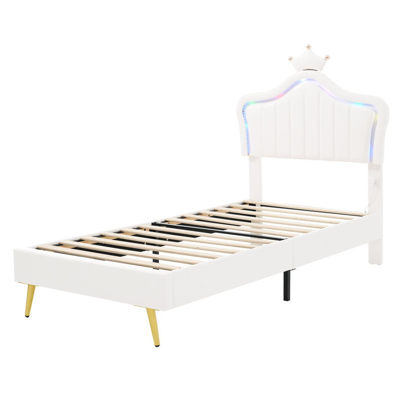 Upholstered Bed With Led Adjustable Crown Shape Headboard, Single (3'), White