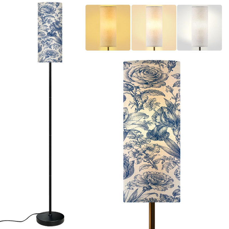  68.5" Standing Floor Lamp Floral seamless Flowering Garden summer spring flowers Blue Dimmable Metal Pole Lamp with Linen Lampshade LED Bulb Included