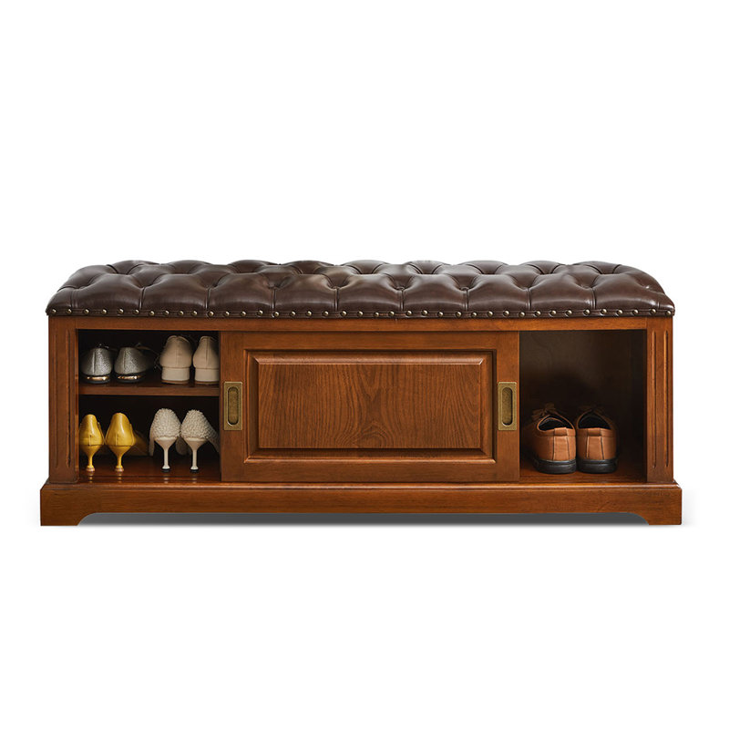 Light Walnut Upholstered Bench, 17.72" H x 43.31" W x 14.96" D