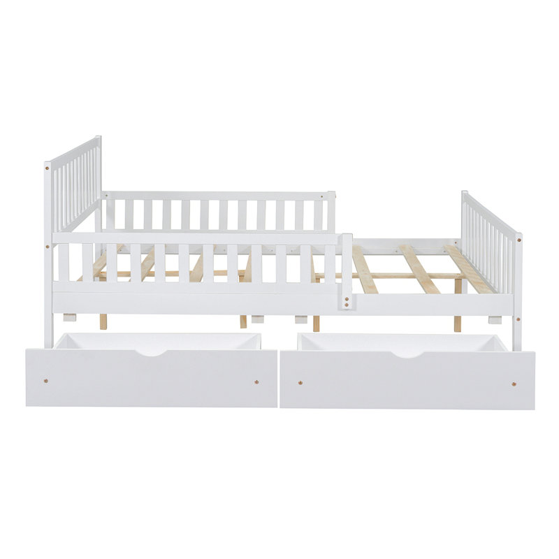 Lit plateforme double en bois avec garde-corps des deux côtés et deux tiroirs de rangement, blanc, Lit double, Blanc