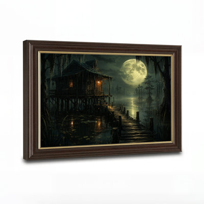 «Rustic Stilt House in Foggy Swamp Under Full Moon», art mural sur toile