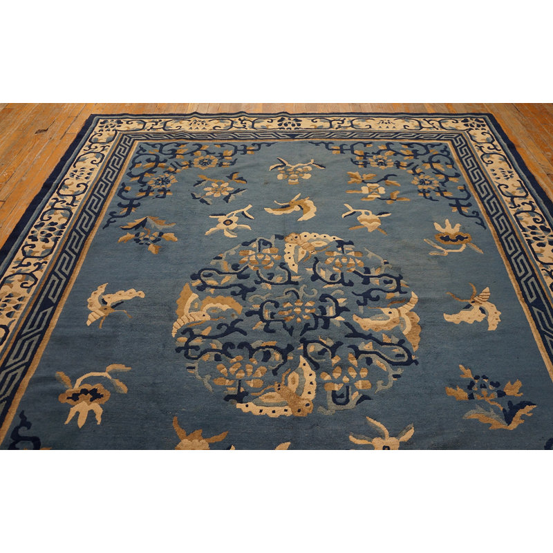 Antique Peking Chinese Floral, Medallion Blue 1890s Rug