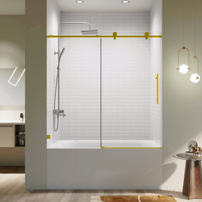 56-60" W * 60" H Frameless Single Sliding Soft-Close Shower Doors, Bathroom Sliding Shower Door, 5/16" (8mm) Thick Sgcc Tempered Glass Door, Brushed Gold