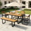 Ensemble de salle à manger de patio en bois massif pour 6 à 7 personnes, trou de parasol inclus, avec 1 table, 4 chaises et 1 banc, coussins gris amovibles