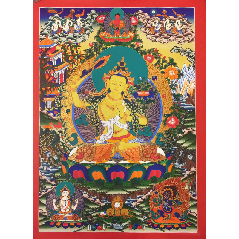 Manjushri (Thangka sans brocart) | Or pur 24 carats, gouache et acrylique sur toile de coton