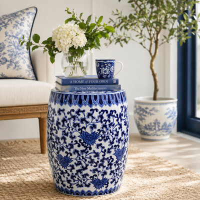 Blue & White Hand-Painted Lotus Ceramic Garden Stool