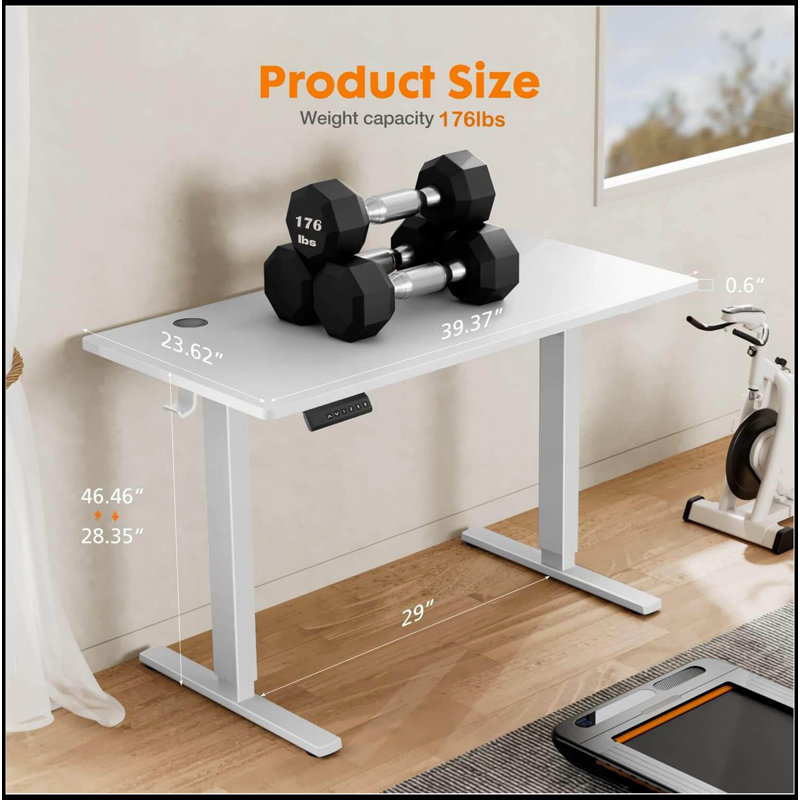 Electric Height Adjustable Standing Desk,Sit To Stand Ergonomic Computer Desk, White, 28" H x 39" W x 23" D
