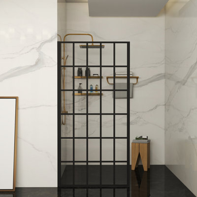 34" W x 72" H Single Panel Walk-in Shower Door, 8mm Tempered Glass Grid Shower Screen with Satin Black Frame, Reversible Fixed Shower Door for Bathroom