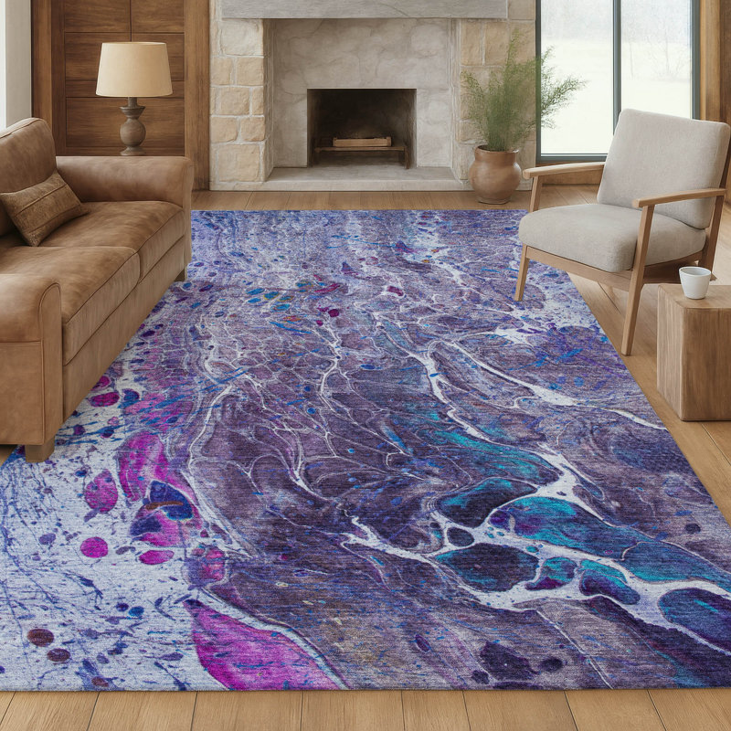 Tapis abstrait lavable à la machine intérieur / extérieur ACN2730, Prune, 9 pi x 12 pi