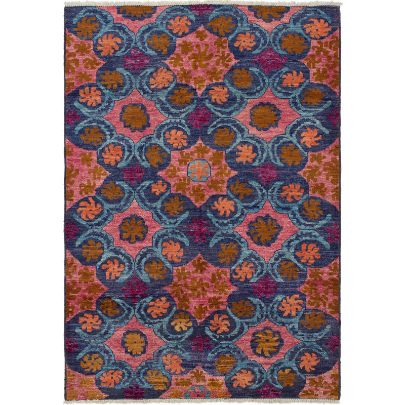 Tapis unique en laine noué à la main bleu marine / saumon 6 pi 1 po x 9 pi années 2010 Céline