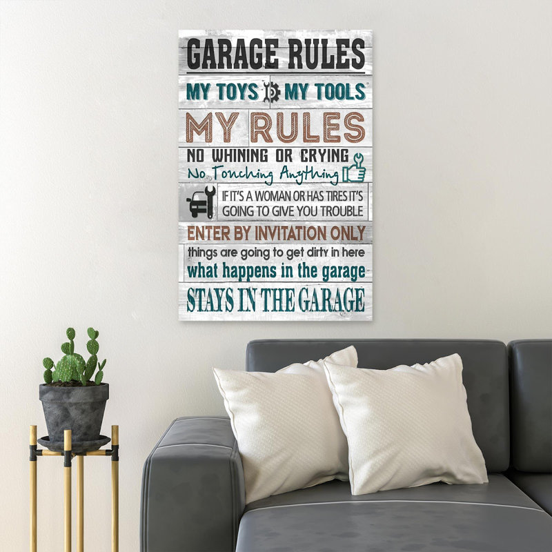 Quote About Garage - Garage Rules - 1 pièce, reproduction d'art graphique sur toile tendue, H 36 po x l 24 po x P 2 po