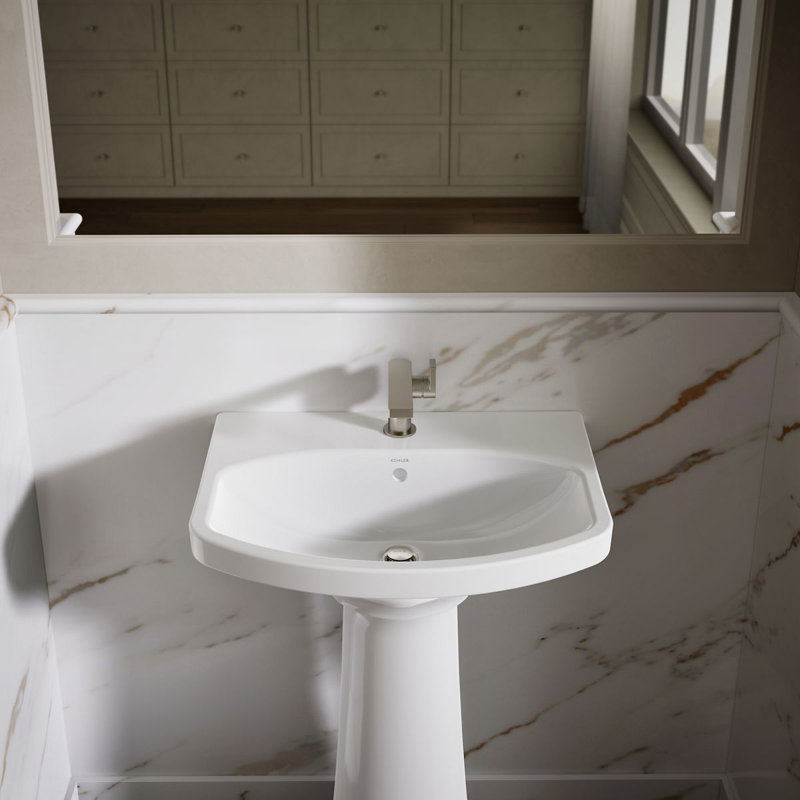 Cimarron® 26.81" Vitreous China U-Shape Pedestal Bathroom Sink with Overflow, White, Single