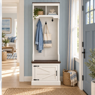 Country Style Concealed Storage Hall Tree with Bench and Display Cubbies for Hallways and Foyers