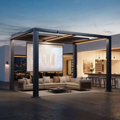 Pergola motorisée en métal à lames orientables (2,74 m de large x 3,66 m de profondeur) avec éclairage DEL intégré pour patio, terrasse et jardin.