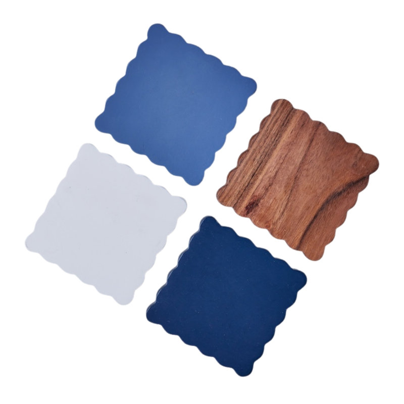 Scalloped Wood Coasters, Square, Natural/White/Blue