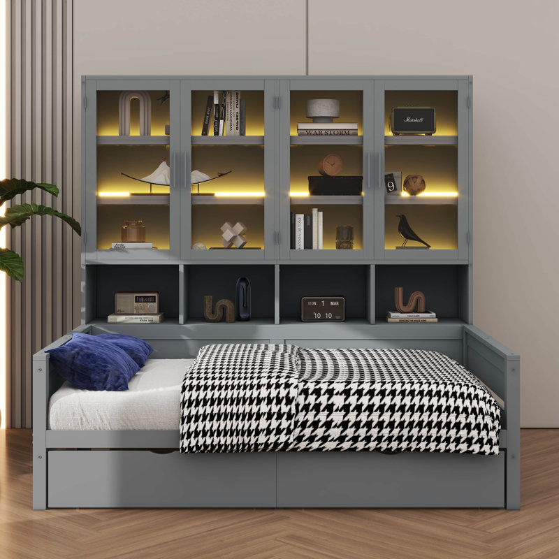 Lit de jour en bois, avec armoires de rangement à portes en verre, éclairage à DEL et tablettes, Simple, gris