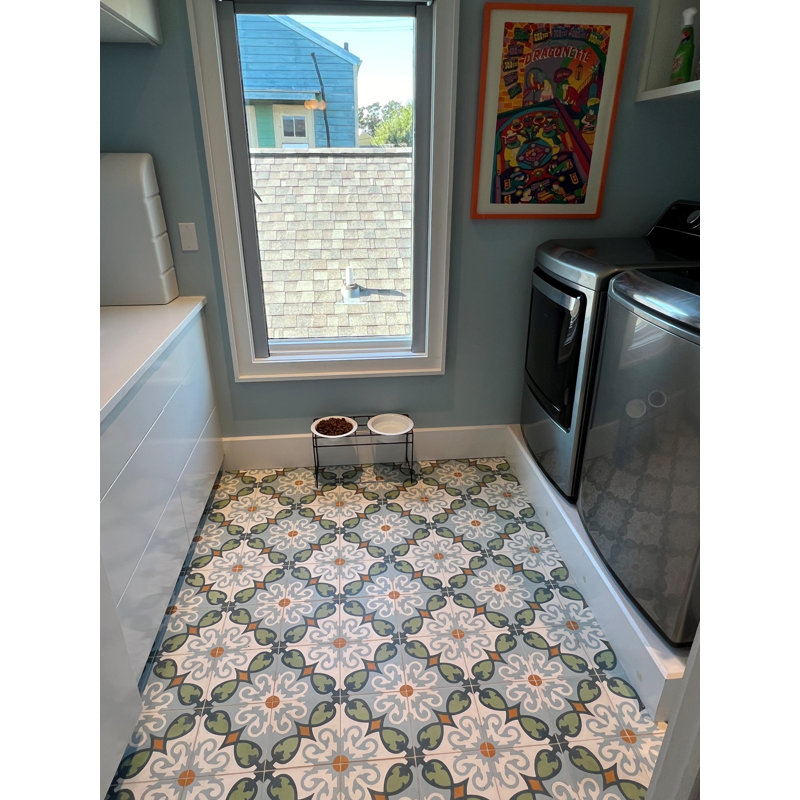Agadir 8" x 8" Cement Patterned Wall & Floor Tile, Green/Orange/Blue