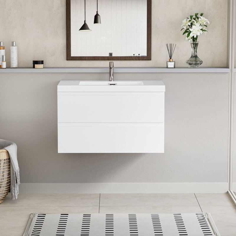 Armoire de salle de bain 36 po avec lavabo, comptoir en résine blanc brillant moderne et tiroir, surface de décoration avec tiroirs à fermeture en douceur, leurre